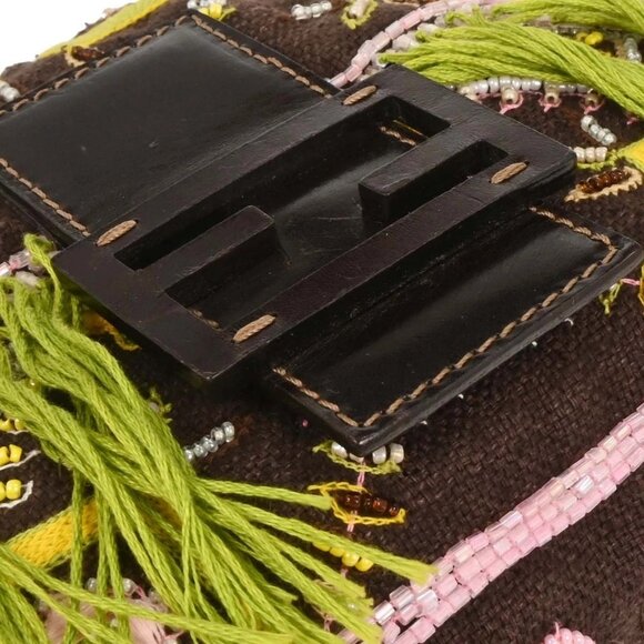 Fendi Brown Cotton Beaded Embroidered Baguette Handbag - Picture 4 of 10